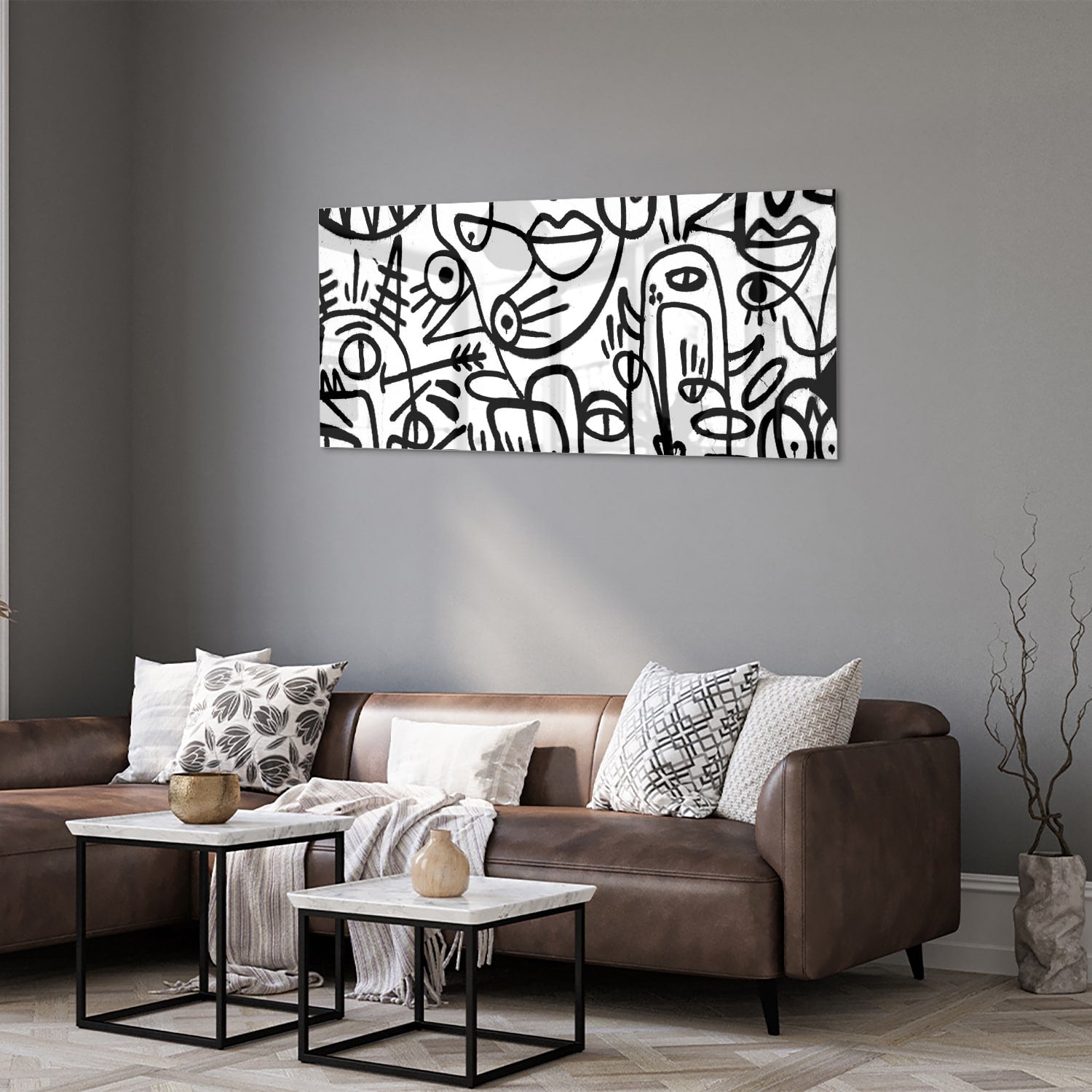 Abstract glazen schilderij in zwart-wit met vormen en lijnen