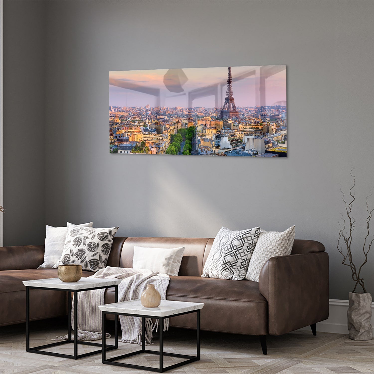 Glas schilderij van de Eiffeltoren in Parijs bij zonsondergang