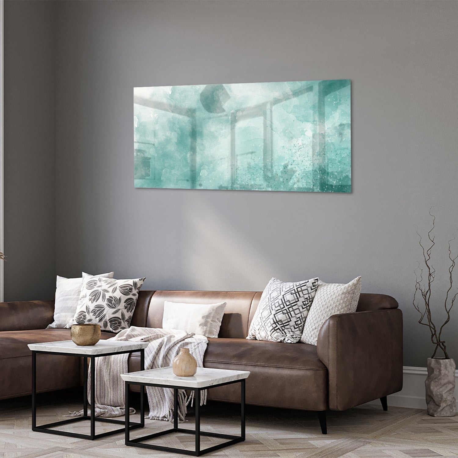 Abstract glazen schilderij in aquablauw kleur, past mooi in een modern interieur.