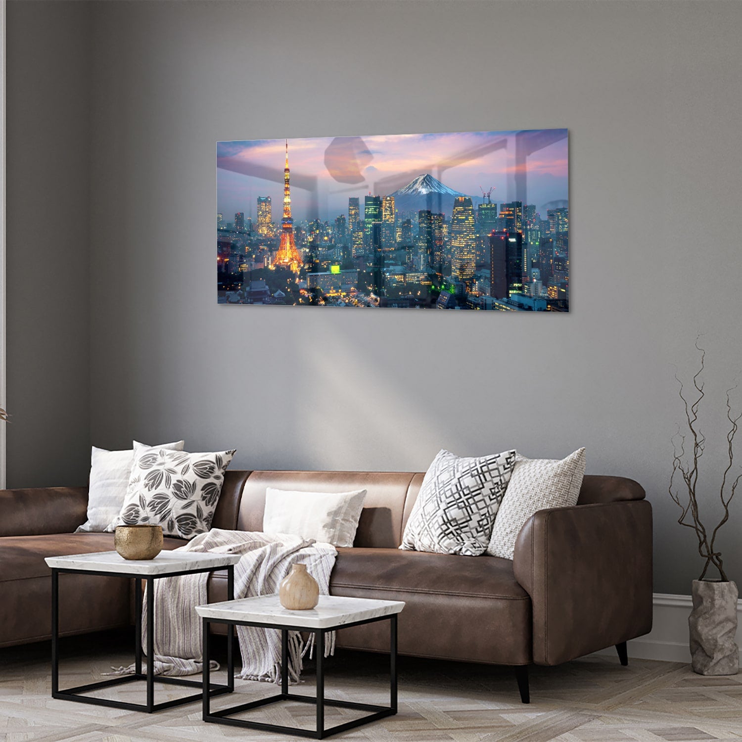 Glazen schilderij van Tokyo met de Tokyo Tower en Mount Fuji in de achtergrond