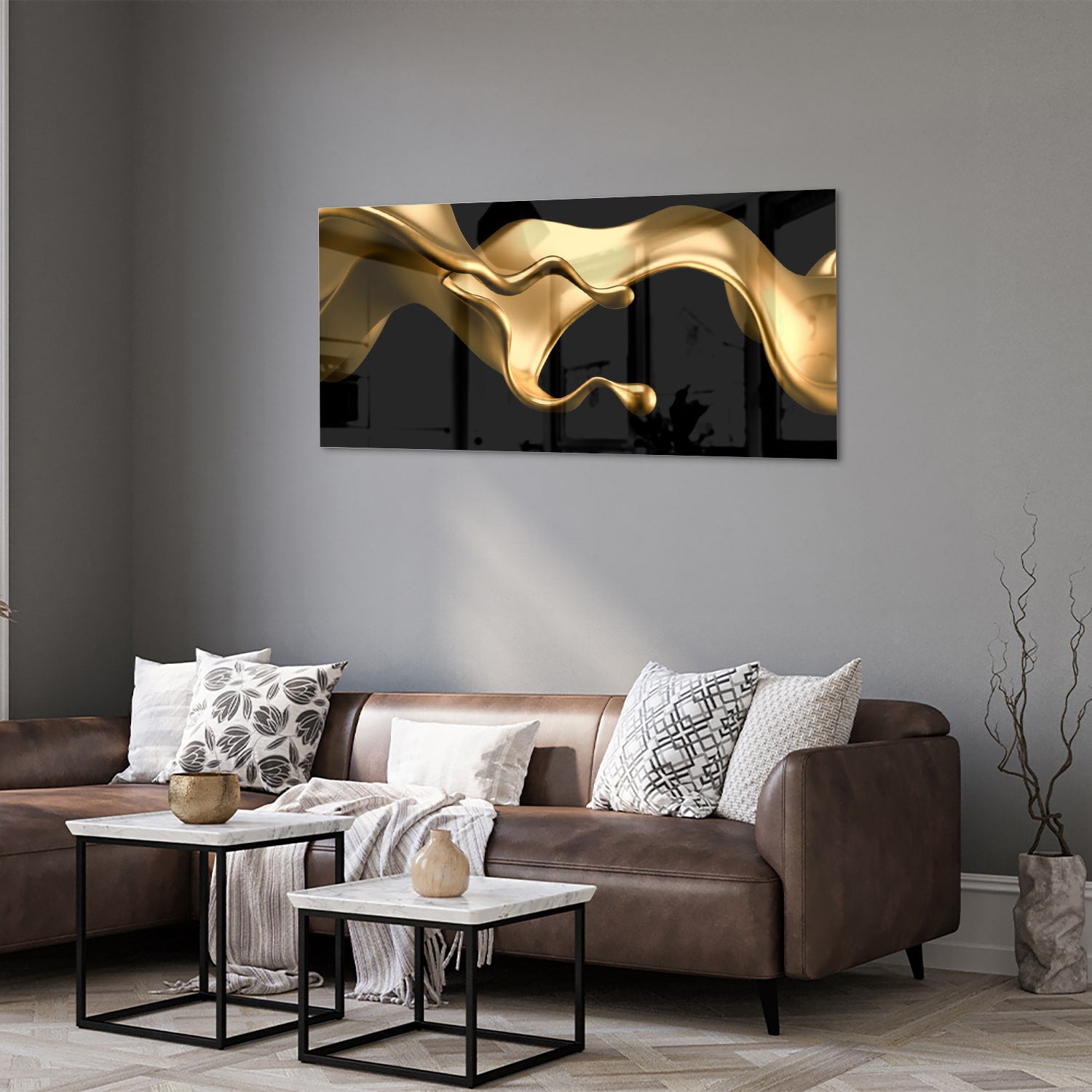 Gouden abstract glas schilderij met zwarte achtergrond, perfect voor moderne interieurs.