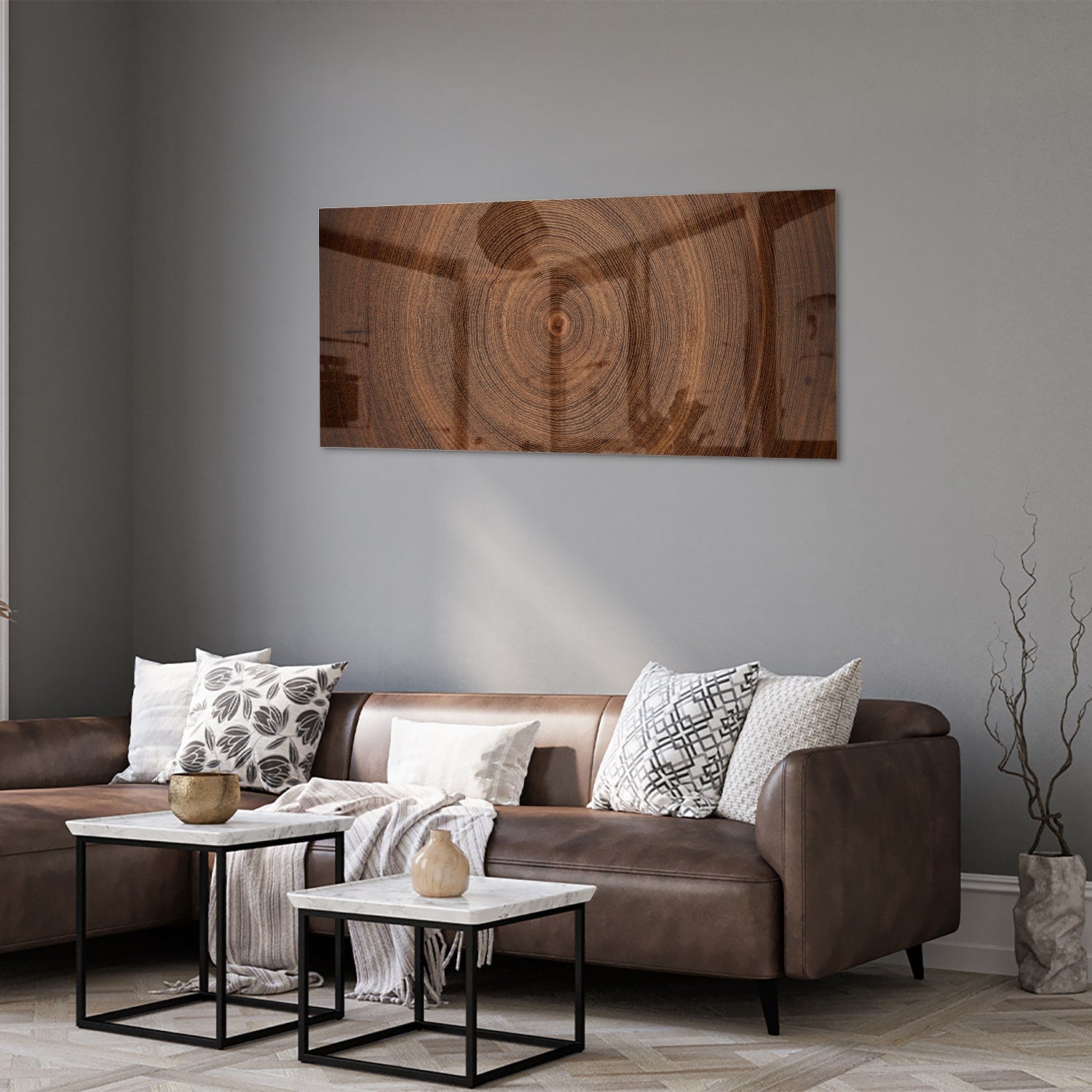 Glazen schilderij met een prachtige houtnerf, perfect voor wanddecoratie.
