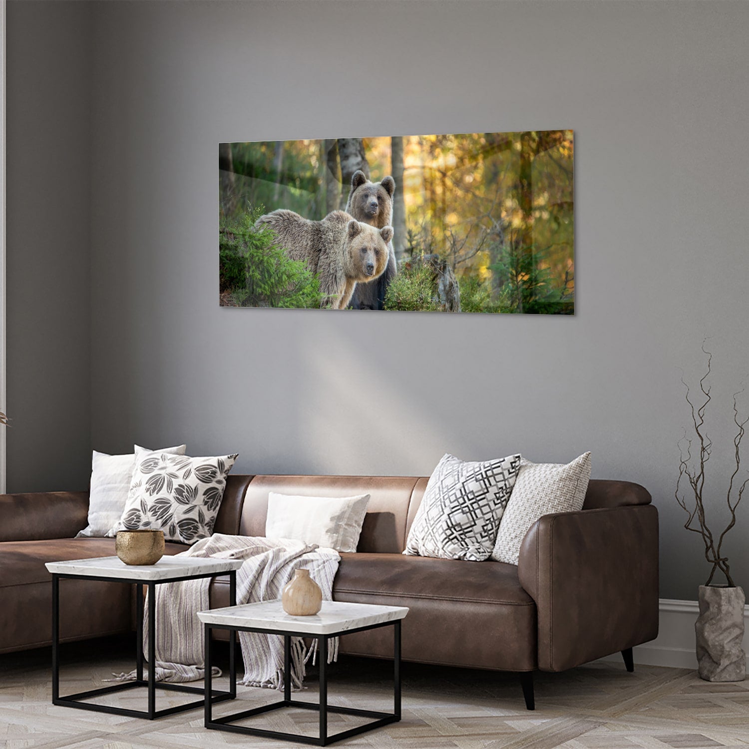 Glazen schilderij met twee schattige beren in een bosrijke omgeving