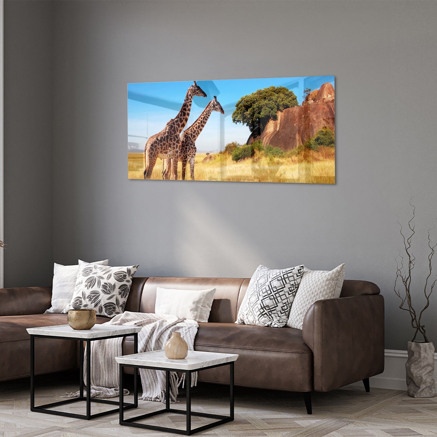 Glazen schilderij van twee giraffen in een Afrikaans landschap