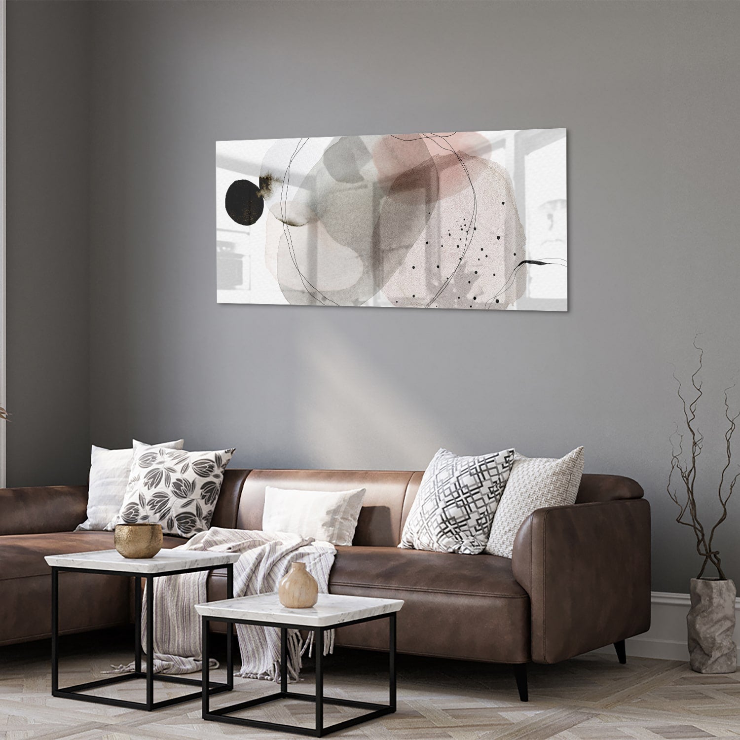 Abstract glazen schilderij met zachte pastelkleuren en organische vormen