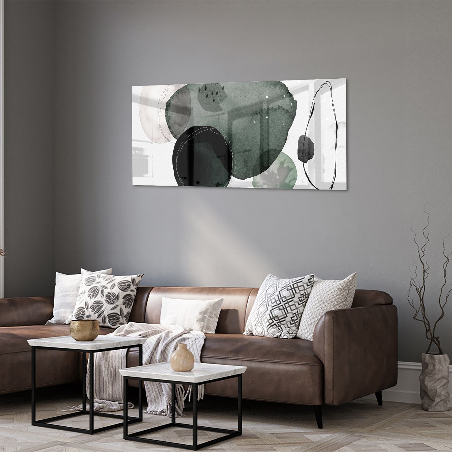 Abstract glas schilderij met groene en zwarte vormen