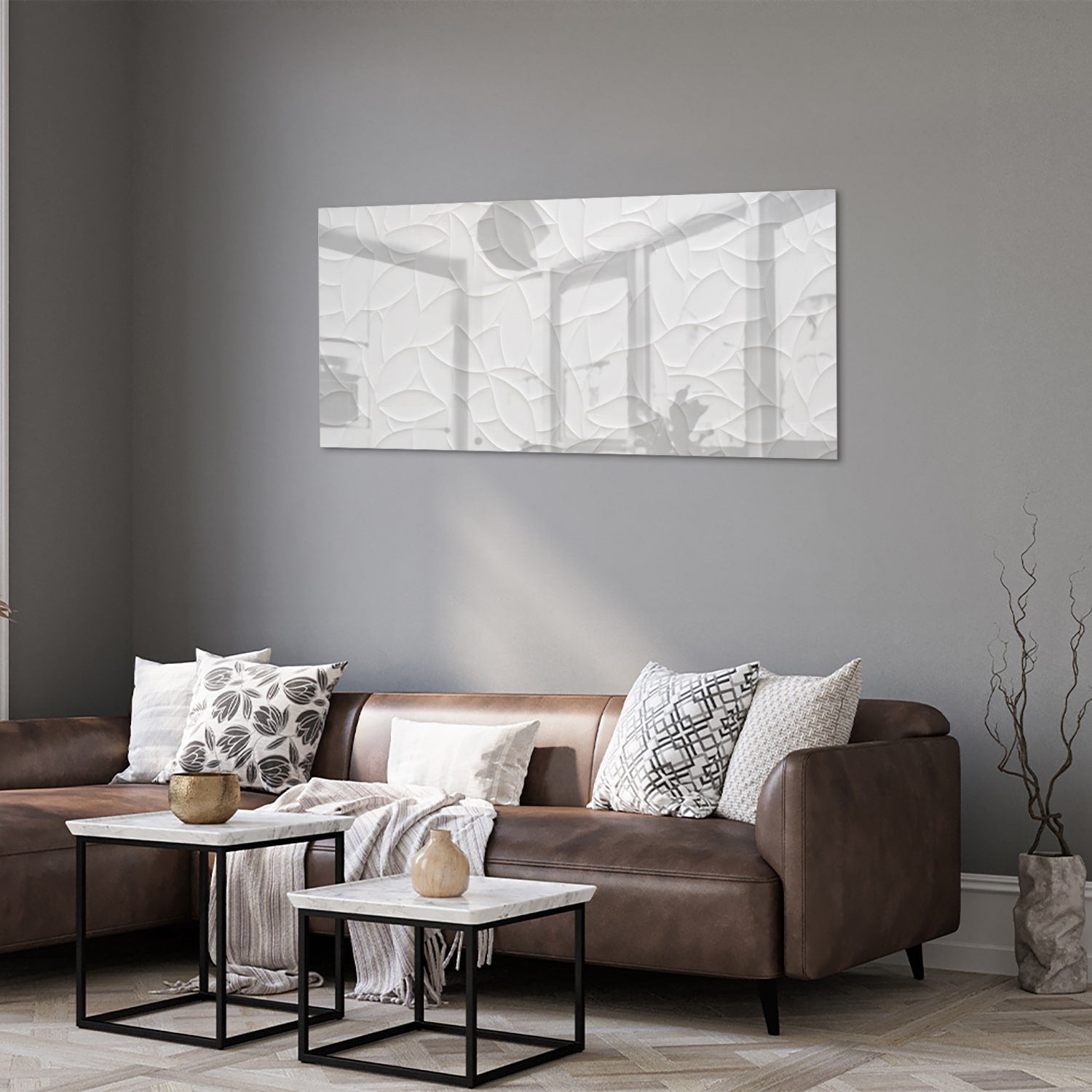 Glazen schilderij met textuur in wit, perfect voor moderne interieurs.
