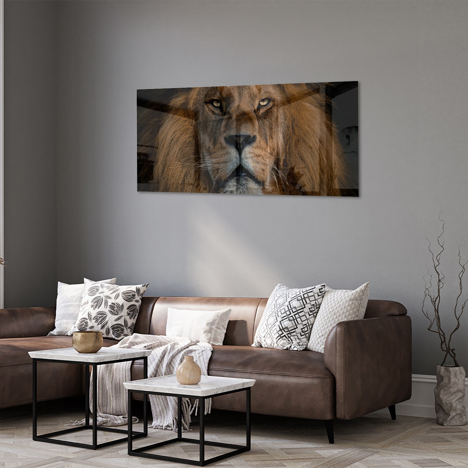 Glazen schilderij van een leeuw, een krachtige uitstraling voor de wand.