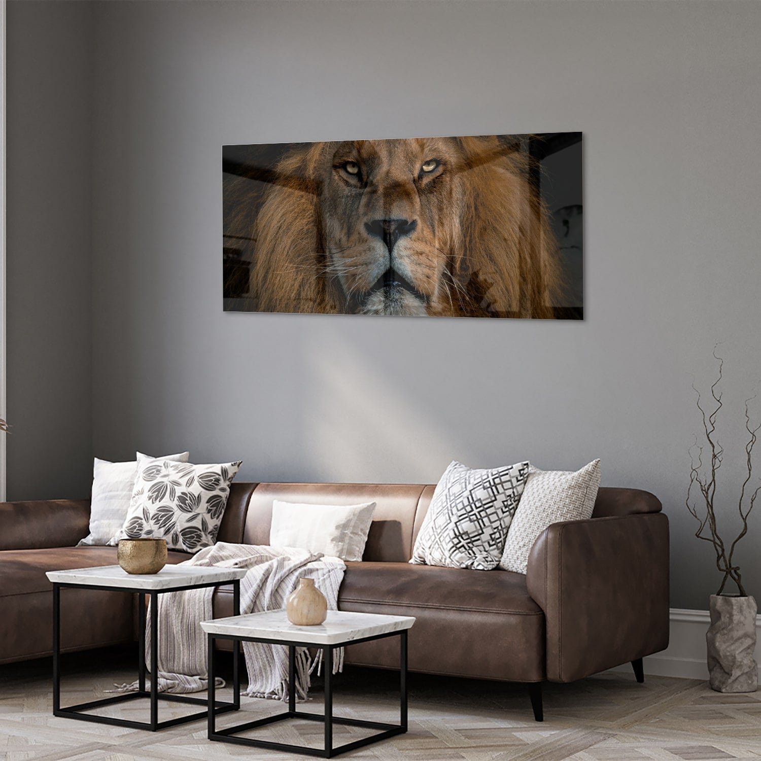 Glazen schilderij van een leeuw, een krachtige uitstraling voor de wand.