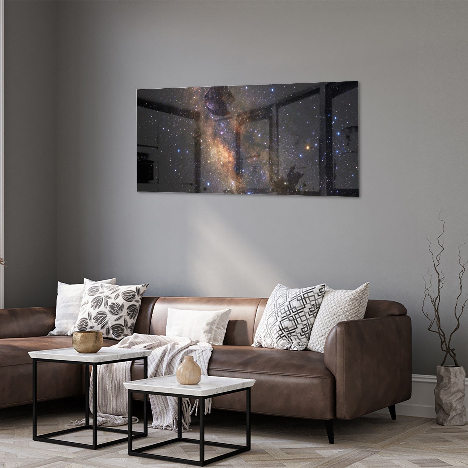 Glazen schilderij van het universum met sterren en nevels