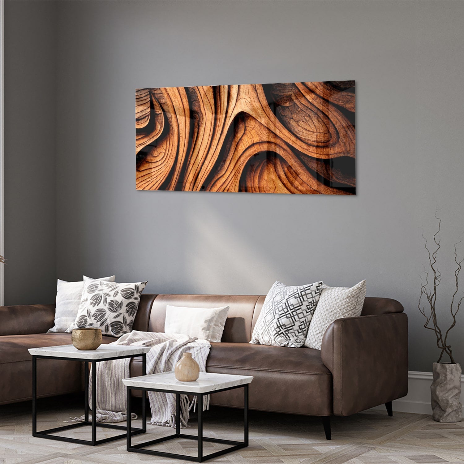 Glas schilderij met houtstrukturen in warme tinten, perfect voor wanddecoratie.