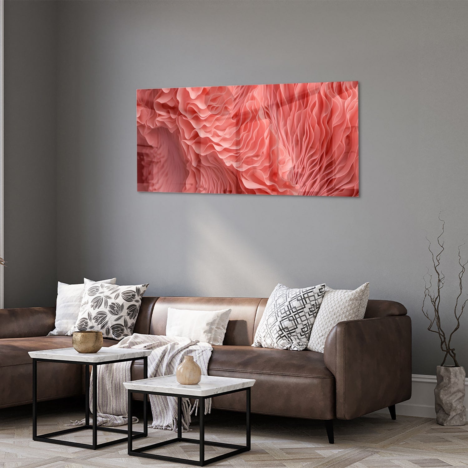 Abstract glazen schilderij in roze met golvende patronen, perfect voor wanddecoratie.