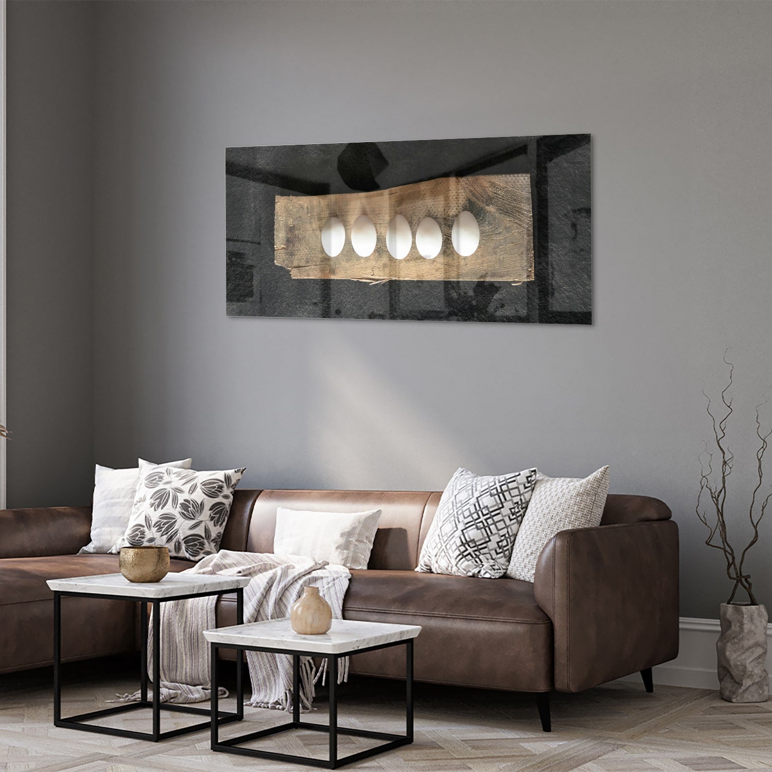 Elegant glazen schilderij met vier lichtpunten, perfect voor moderne interieurs.