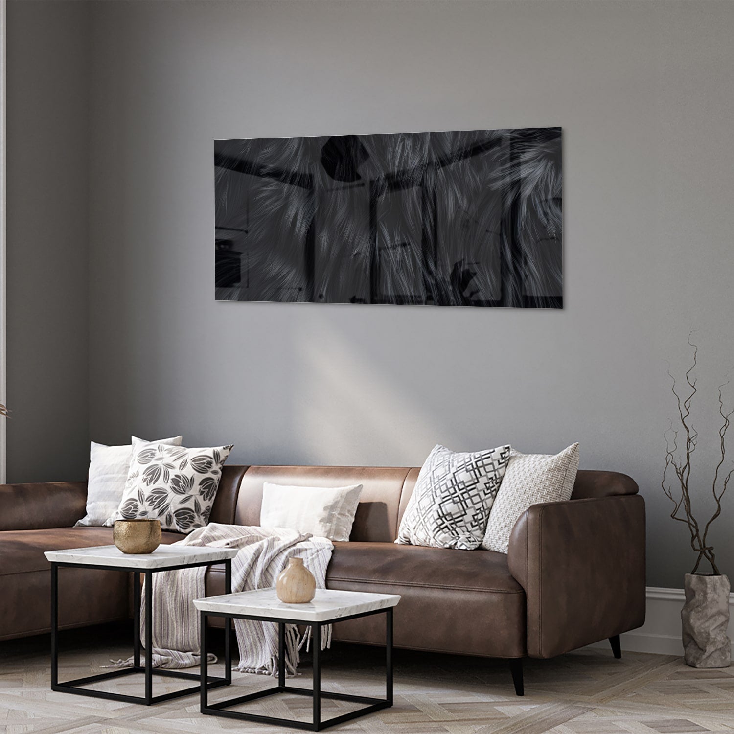 Zwart glazen schilderij met abstracte patronen aan de muur