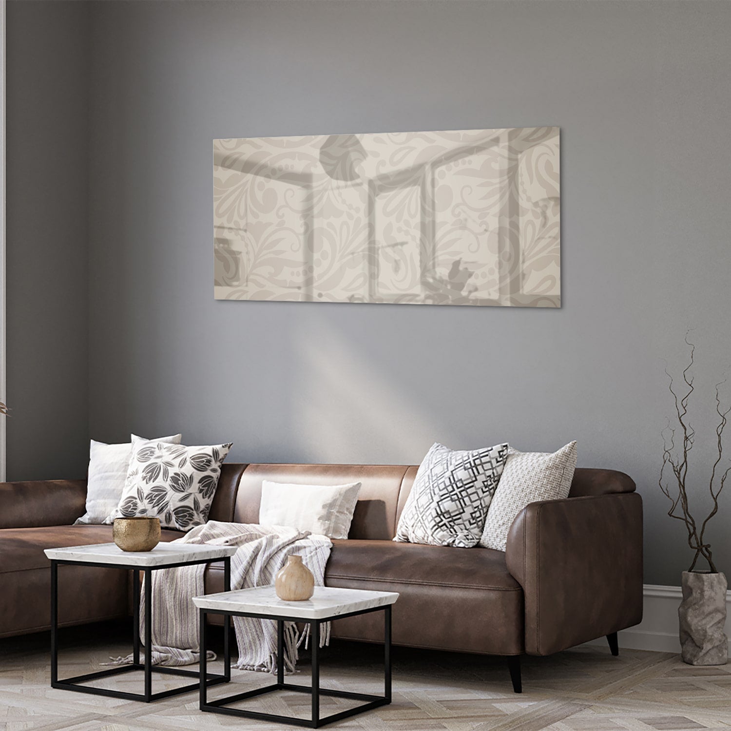 Elegante glazen schilderij met subtiel patroon aan de wand