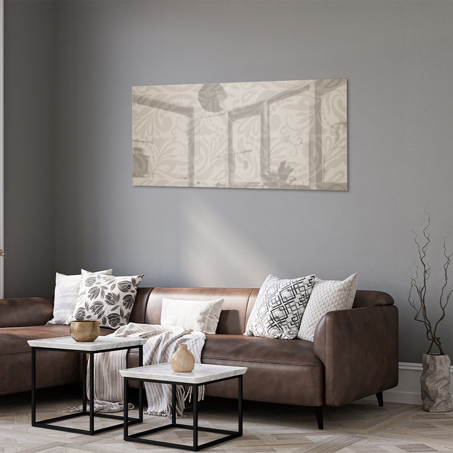 Elegante glazen schilderij met subtiel patroon aan de wand
