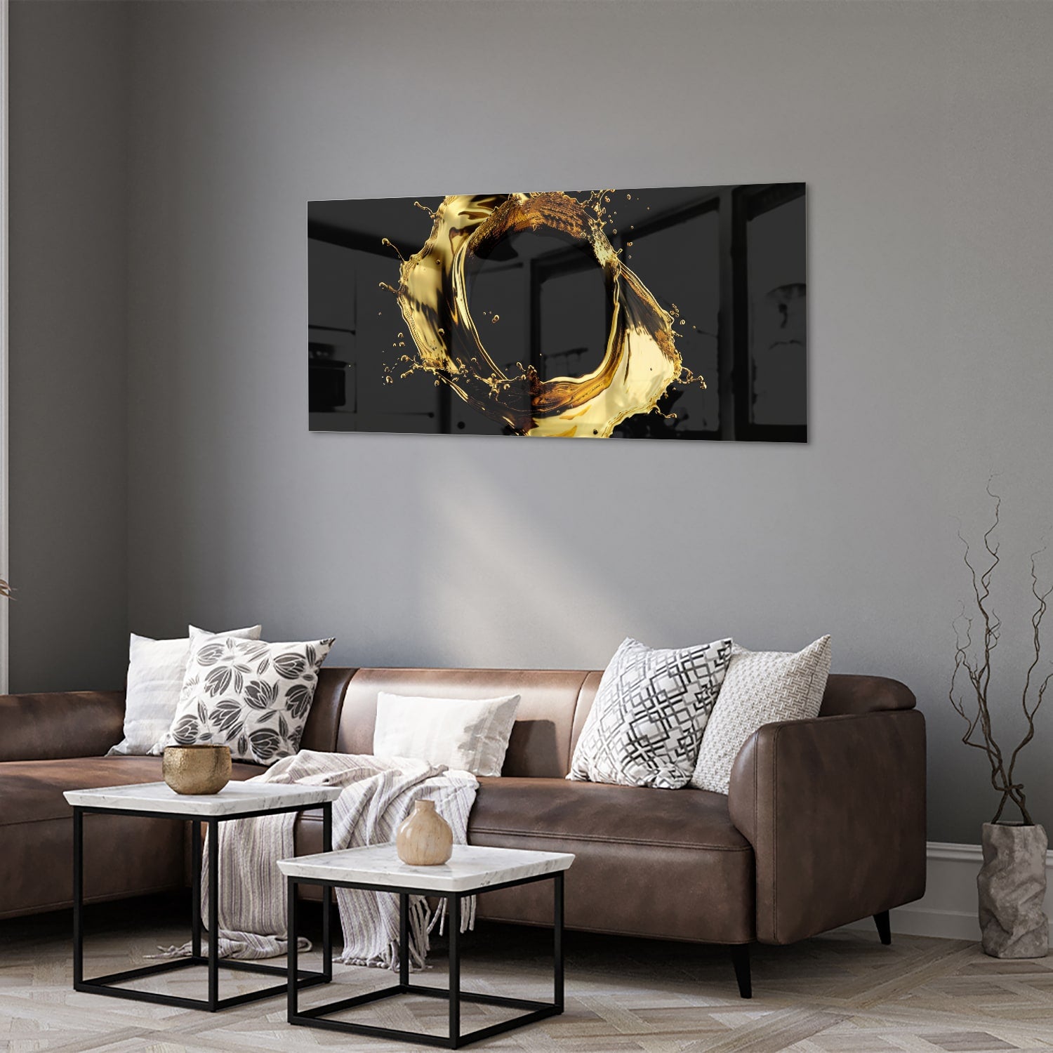 Luxe glazen schilderij met gouden spatten op zwarte achtergrond