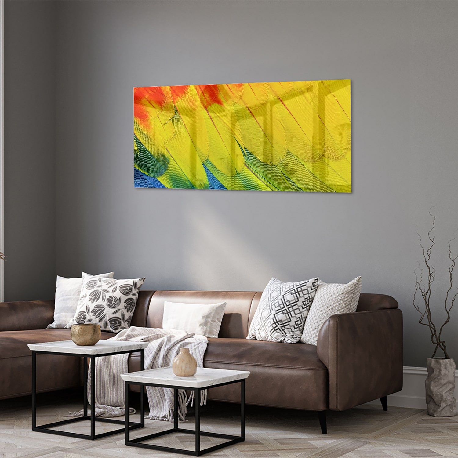 Abstract glazen schilderij met kleurrijke golven in rood, geel en blauw
