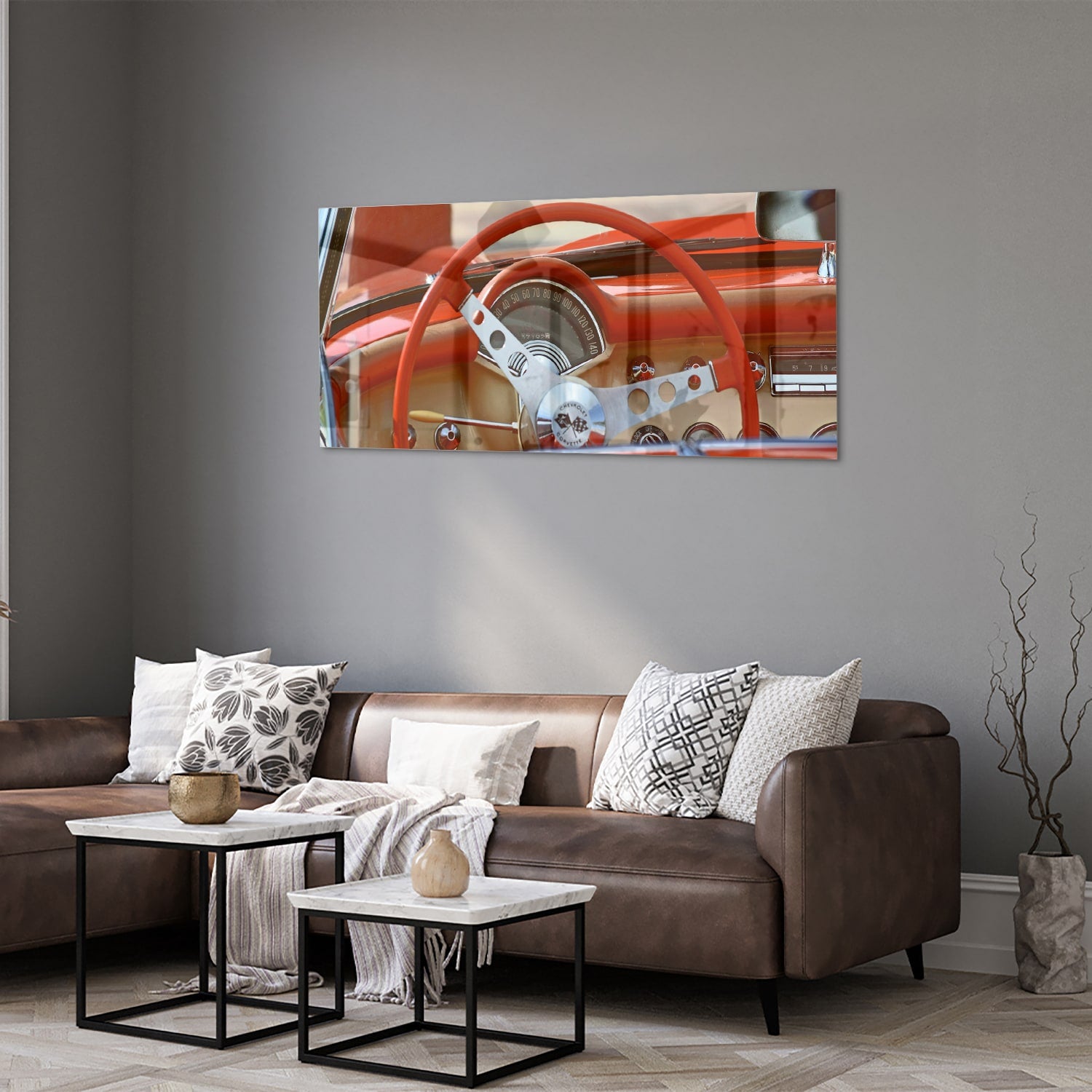 Glazen schilderij van een retro auto interieur met een rood stuur