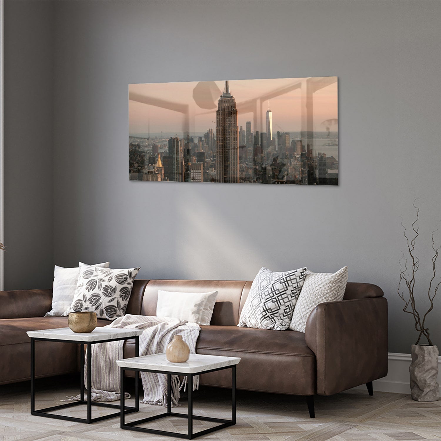 Glazen schilderij van de Empire State Building met een mooie zonsondergang