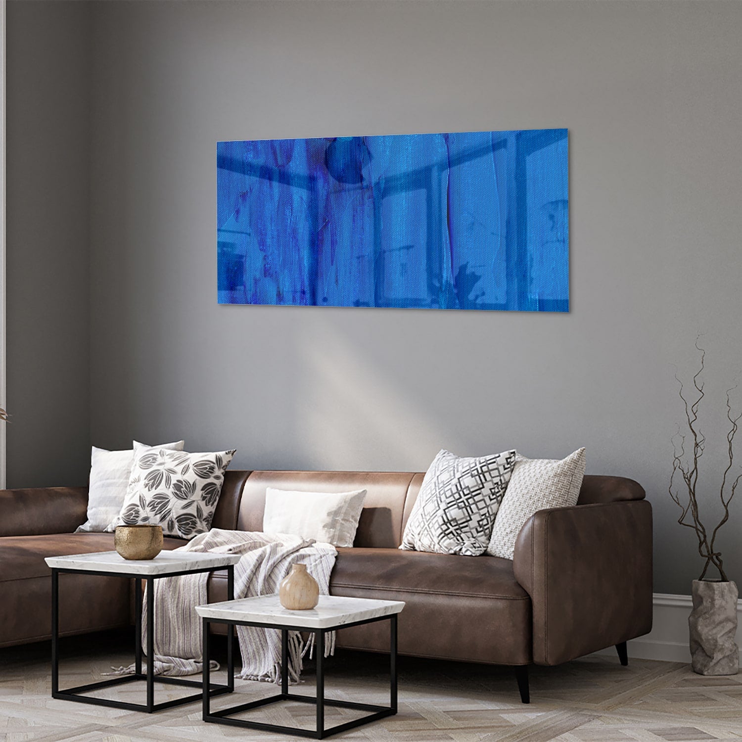 Abstract glazen schilderij in blauw, perfect voor moderne inrichting