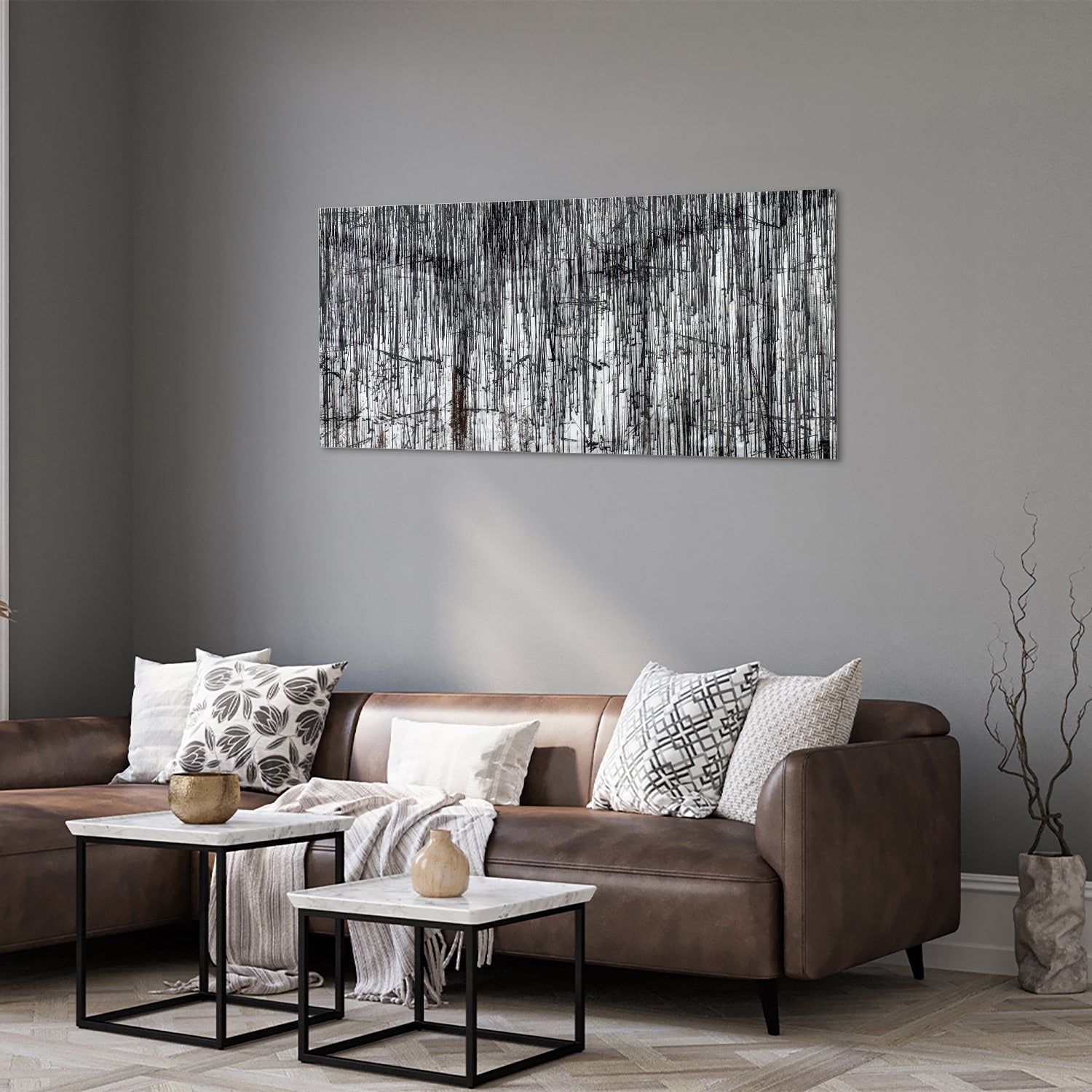 Minimalistisch glazen schilderij met een boslandschap, perfect voor moderne interieurs.