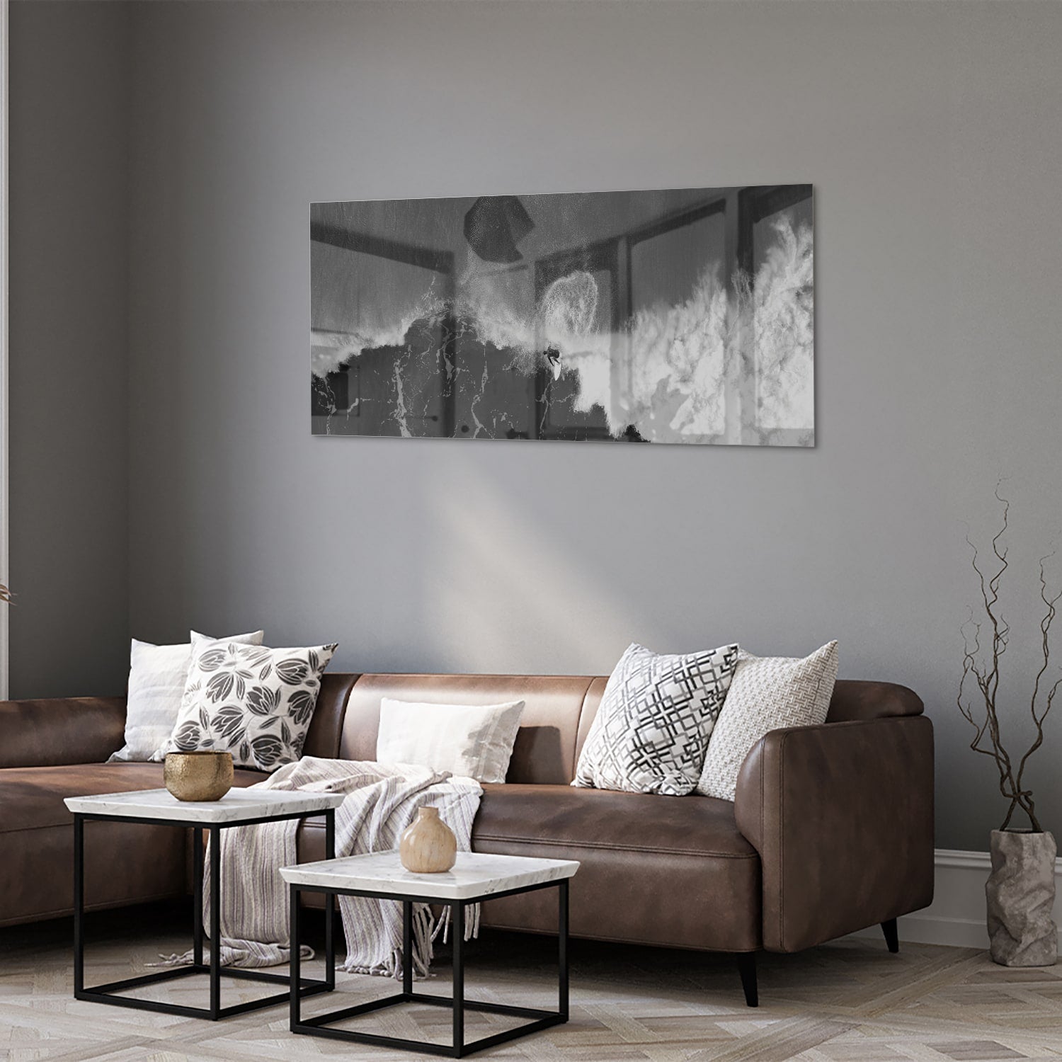 Abstract glazen schilderij in zwart-wit, perfect voor moderne interieurs.