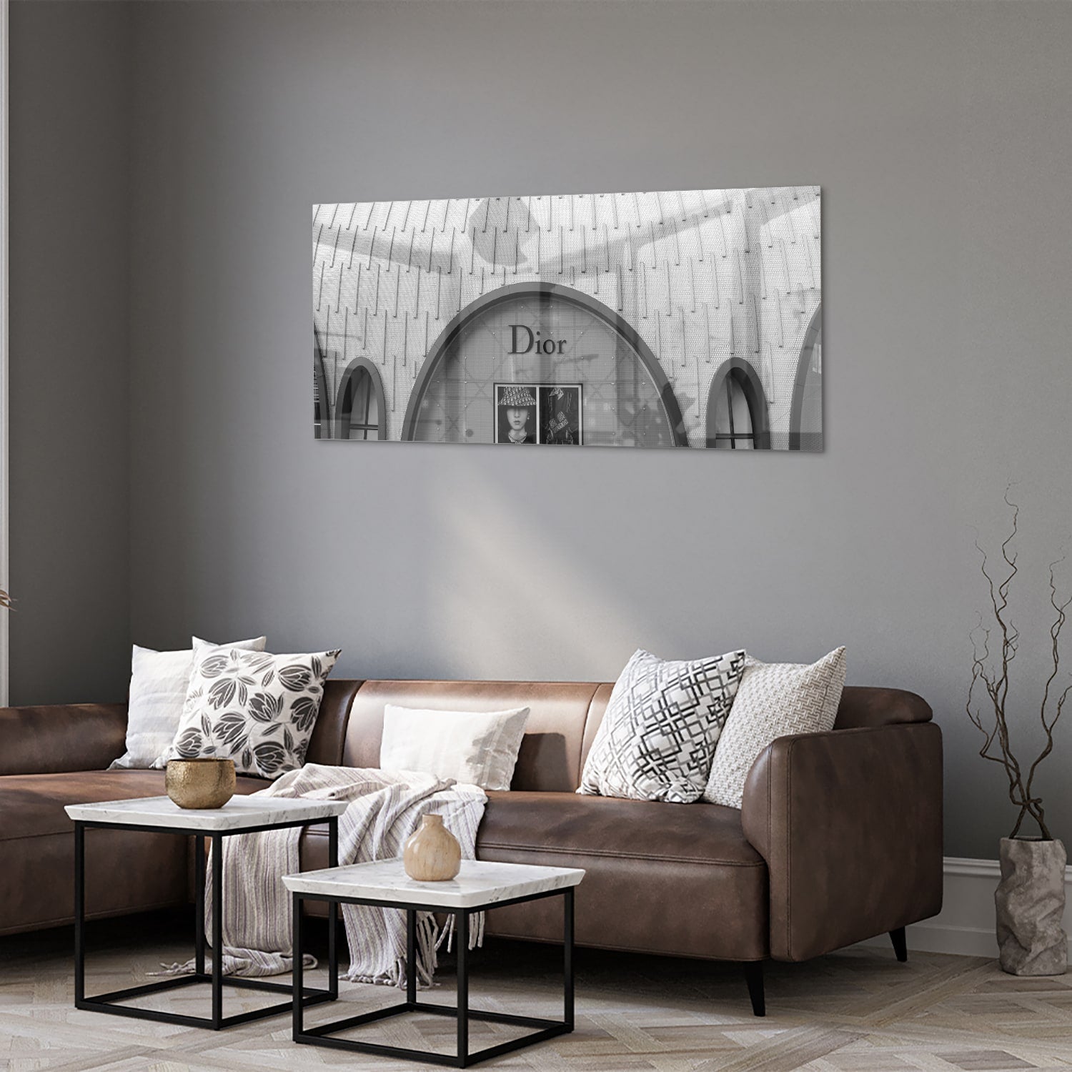 Glazen schilderij van de Dior etalage in zwart-wit, perfect voor interieurdecoratie