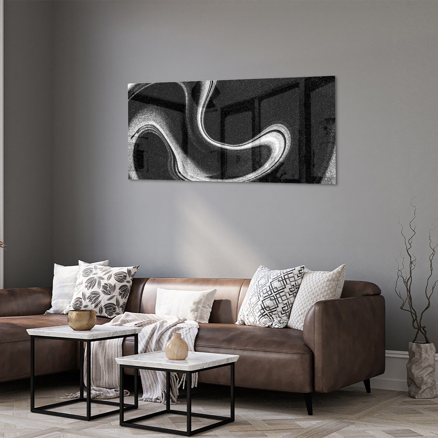 Zwart-wit glazen schilderij met abstracte golven, geschikt voor moderne interieurs.