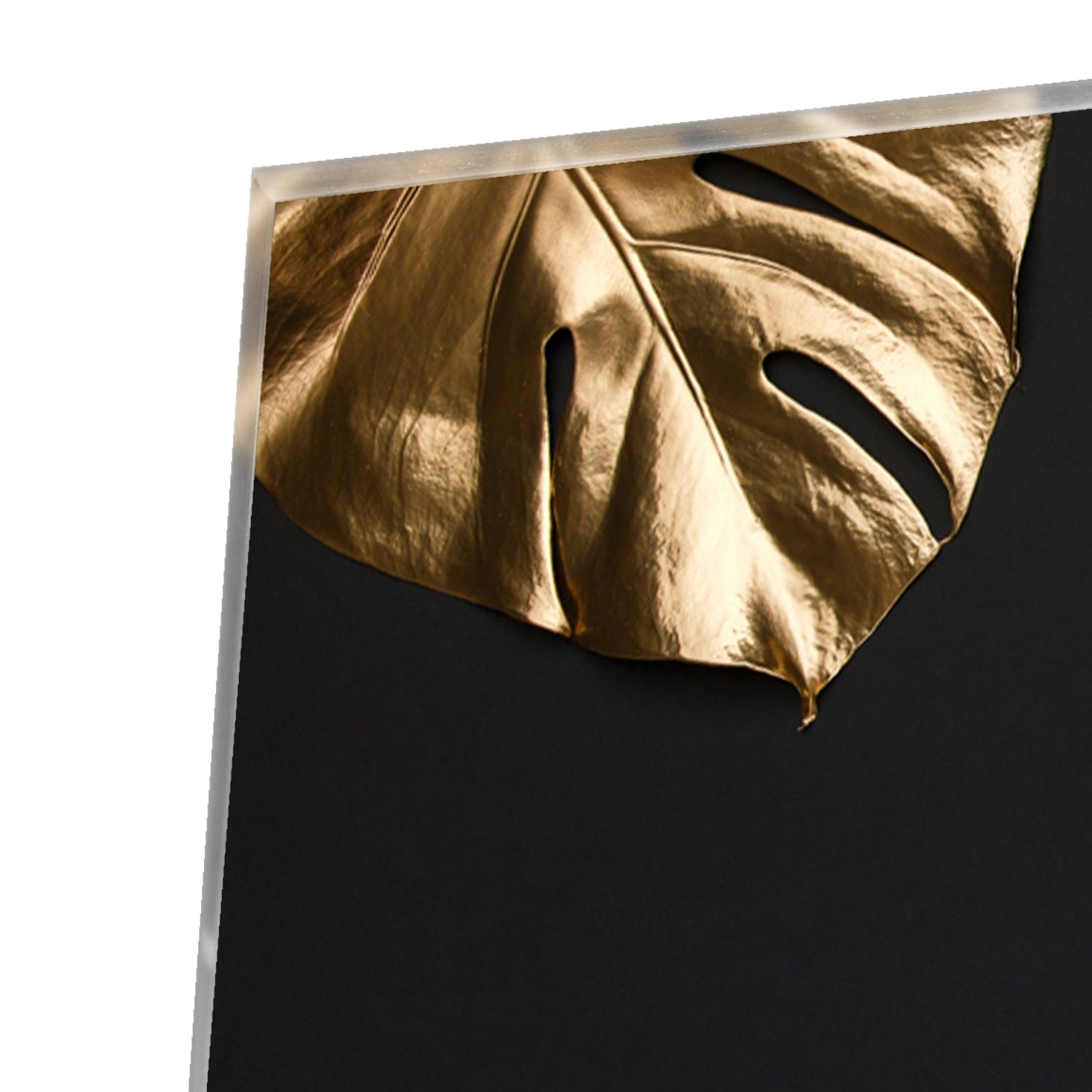 Glazen schilderij met gouden bladeren op een zwarte achtergrond in een woonkamer