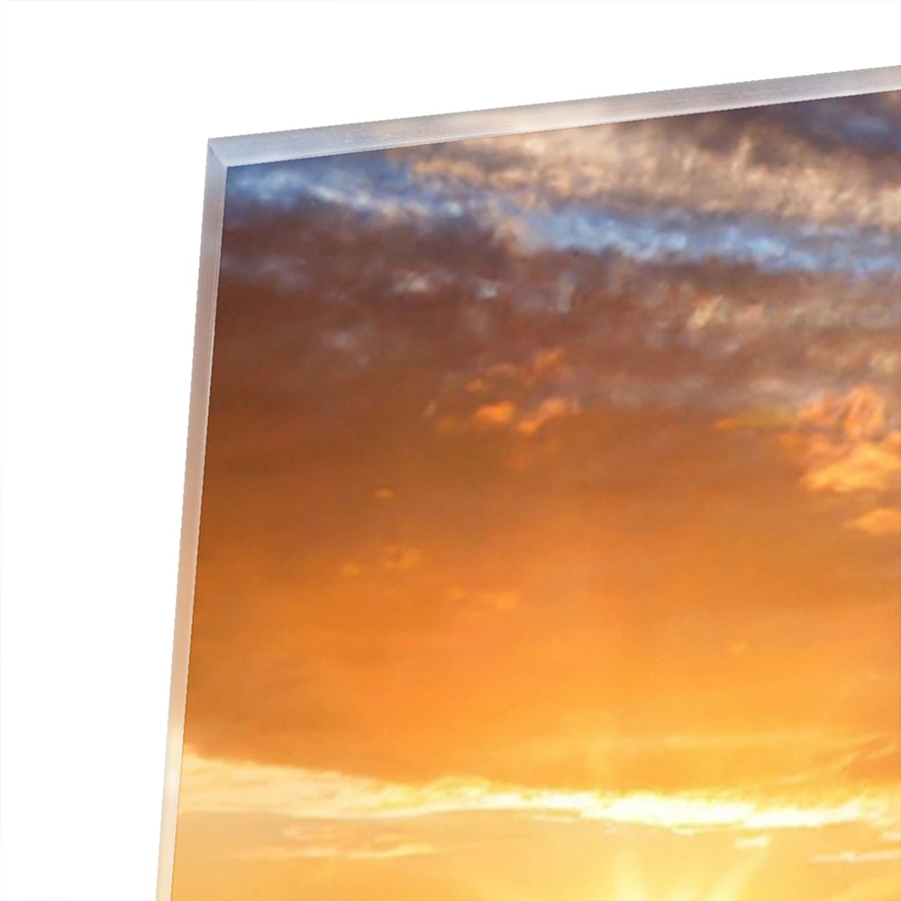 Glazen schilderij van een zonsondergang bij het strand met duinen en gras