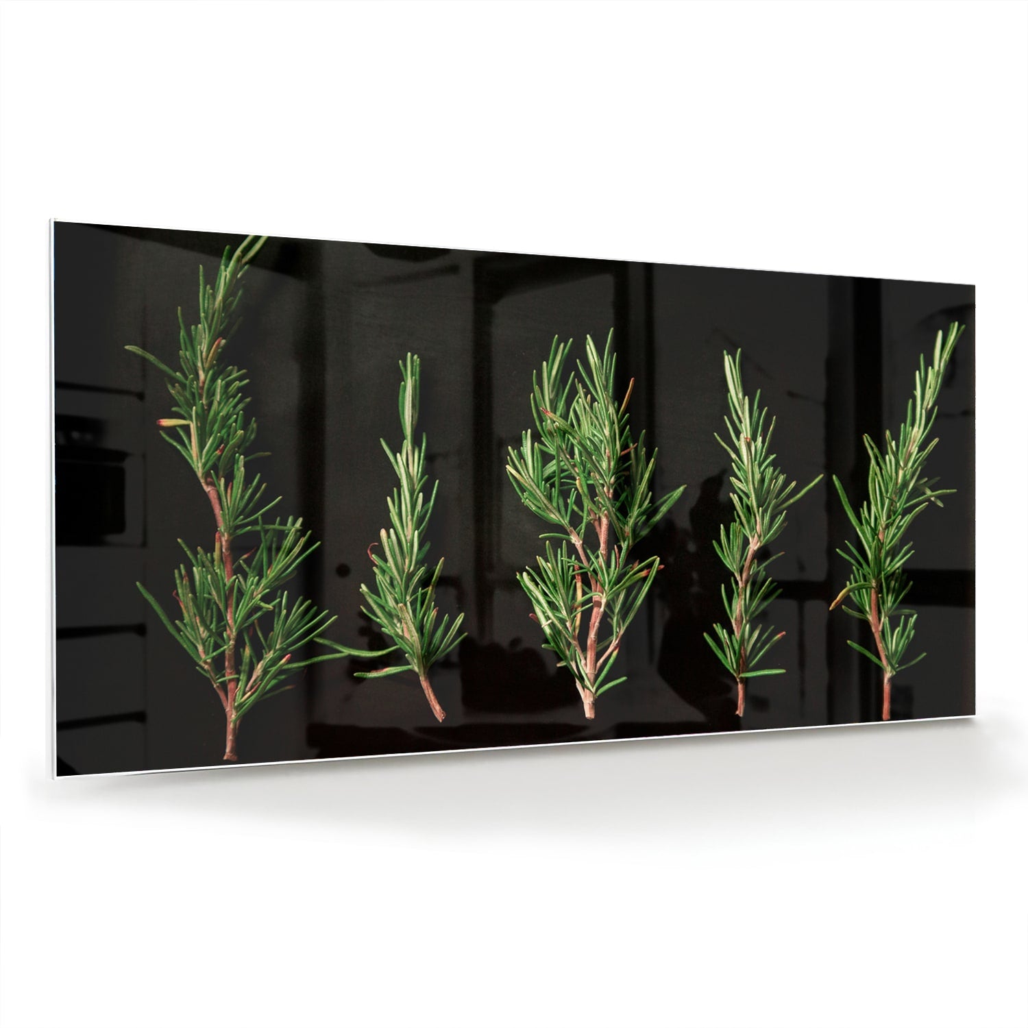 Glazen schilderij met illustraties van groene takken aan een wand.