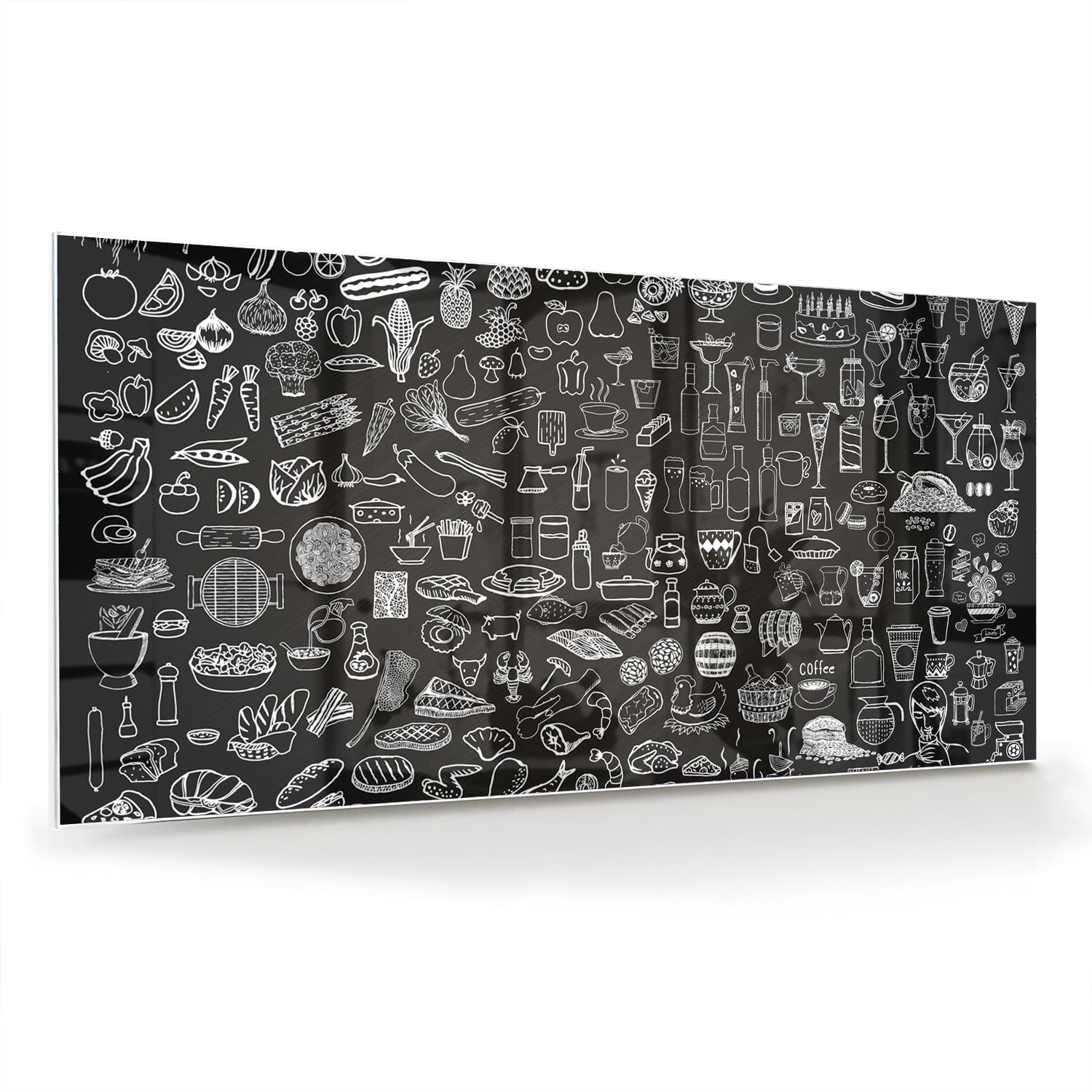 Glazen schilderij met zwart-witte illustraties aan een muur