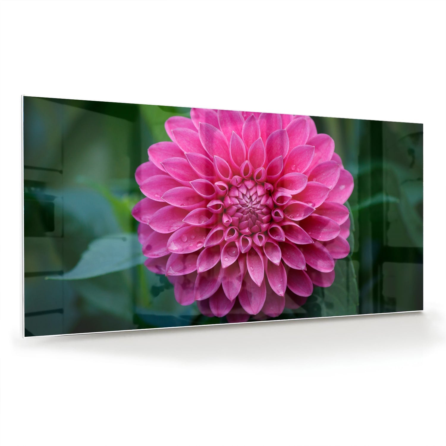 Glazen schilderij met een grote roze bloem, perfect voor wanddecoratie.
