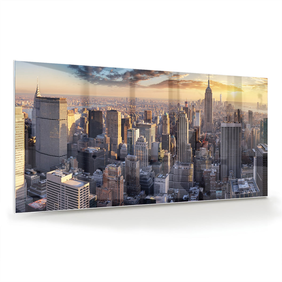 Glazen schilderij van de skyline van New York bij zonsondergang.