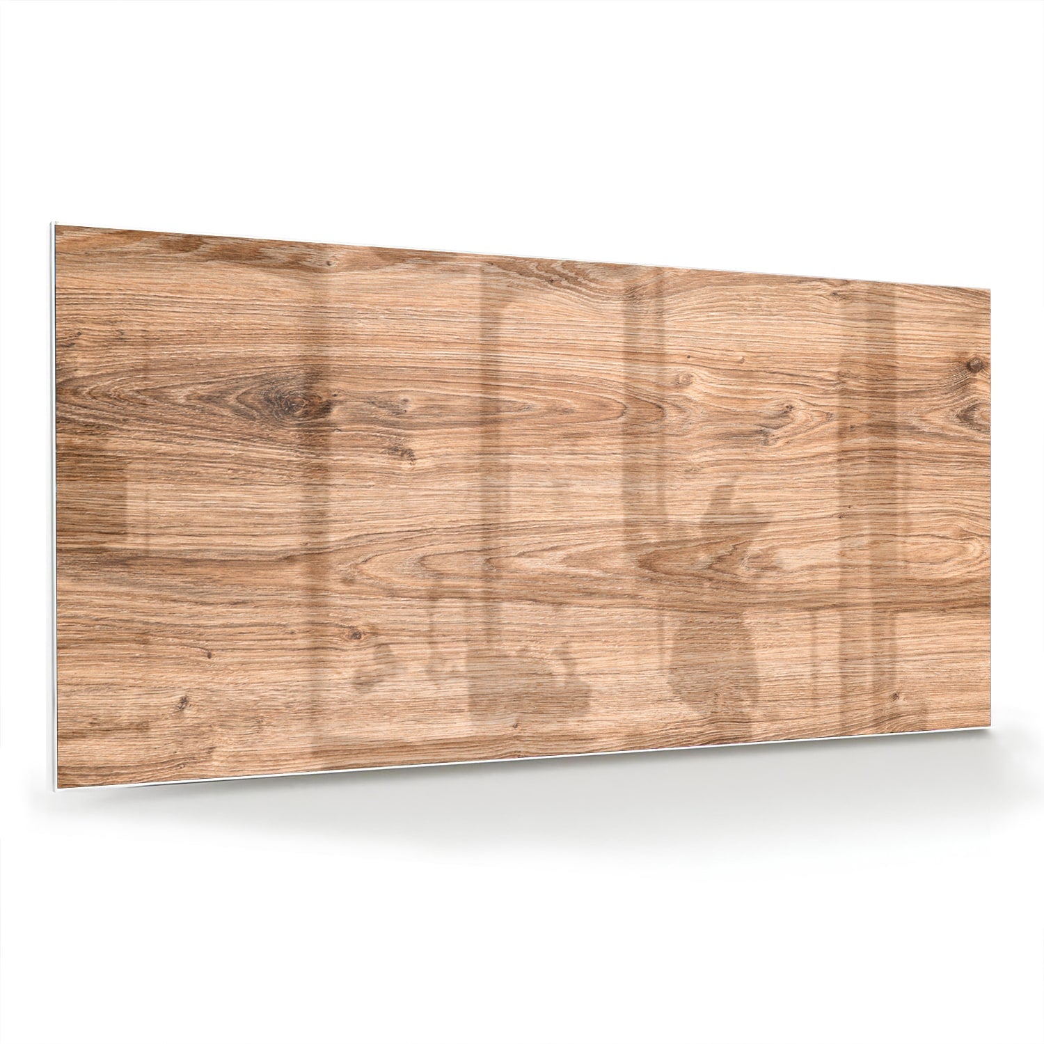 Glazen schilderij met een natuurlijke houtlook boven een moderne kast