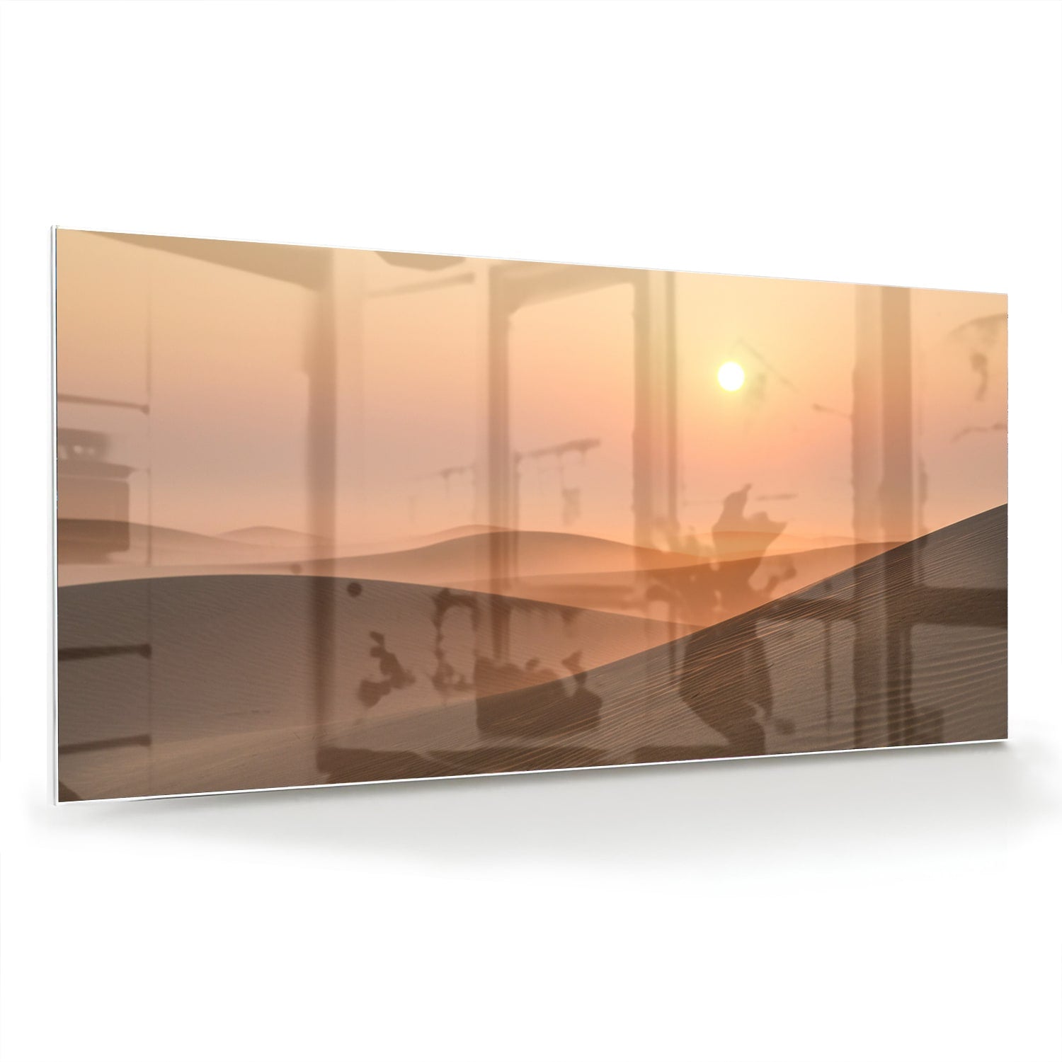 Glazen schilderij van een zonsondergang met warme kleuren in een modern interieur.