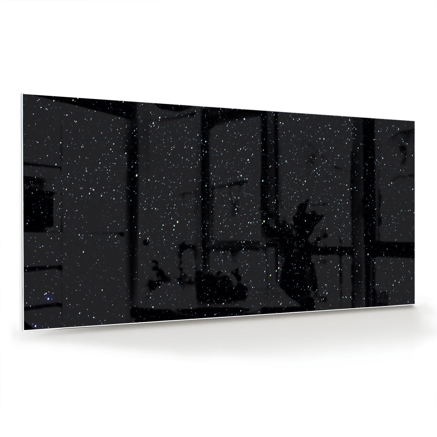 Glas schilderij met sterren op een zwarte achtergrond aan de muur