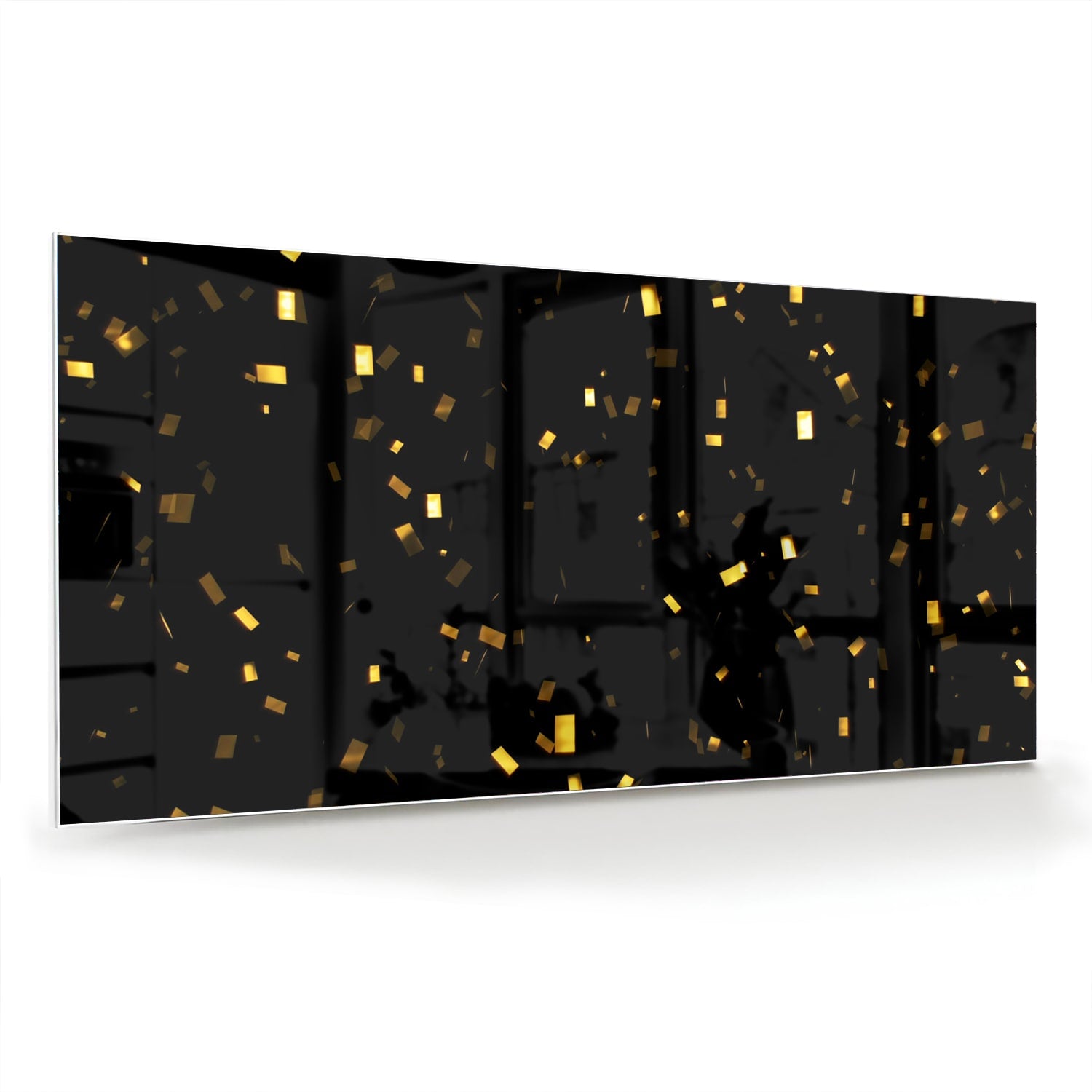 Zwart glazen schilderij met gouden confetti aan de muur in een stijlvolle woonkamer