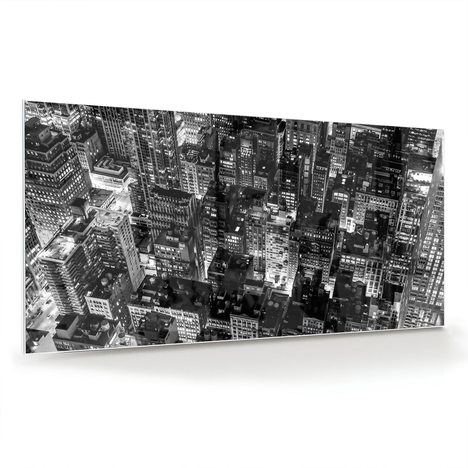 Zwart-wit glazen schilderij van een stad, prachtig decor voor modern interieur.