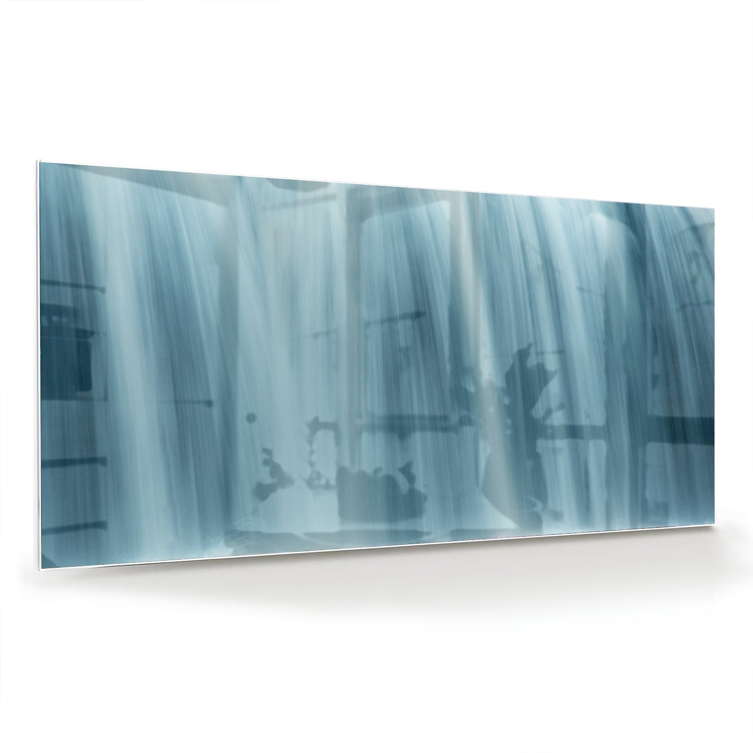 Glazen schilderij van watervallen in heldere blauwtinten, prachtig voor in huis.