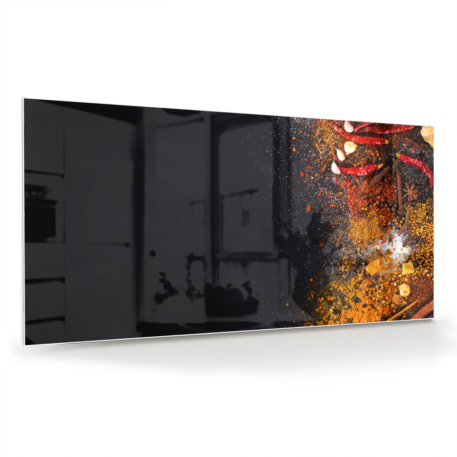 Abstract glazen schilderij met warme kleuren hangt aan de muur