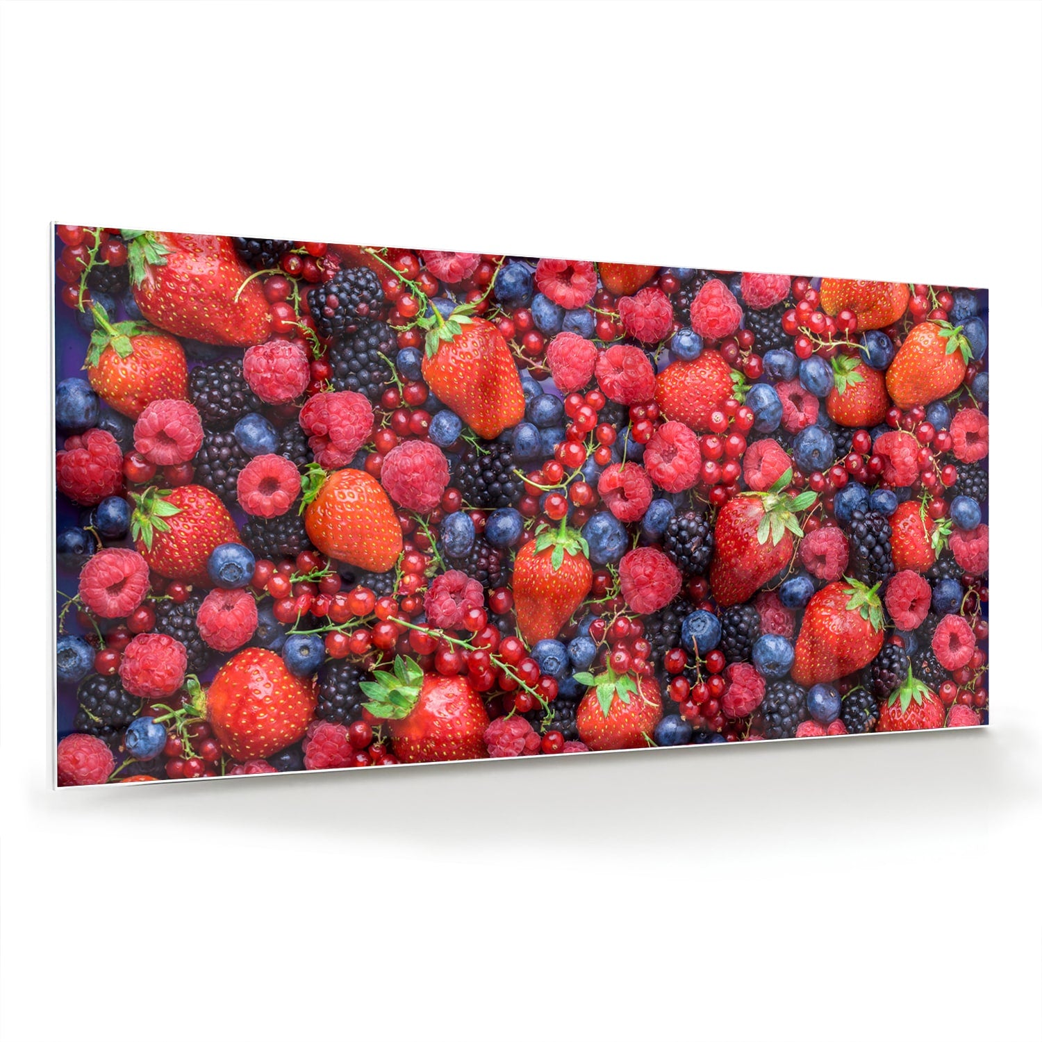 Glazen schilderij met een kleurrijke afbeelding van bessen en fruit