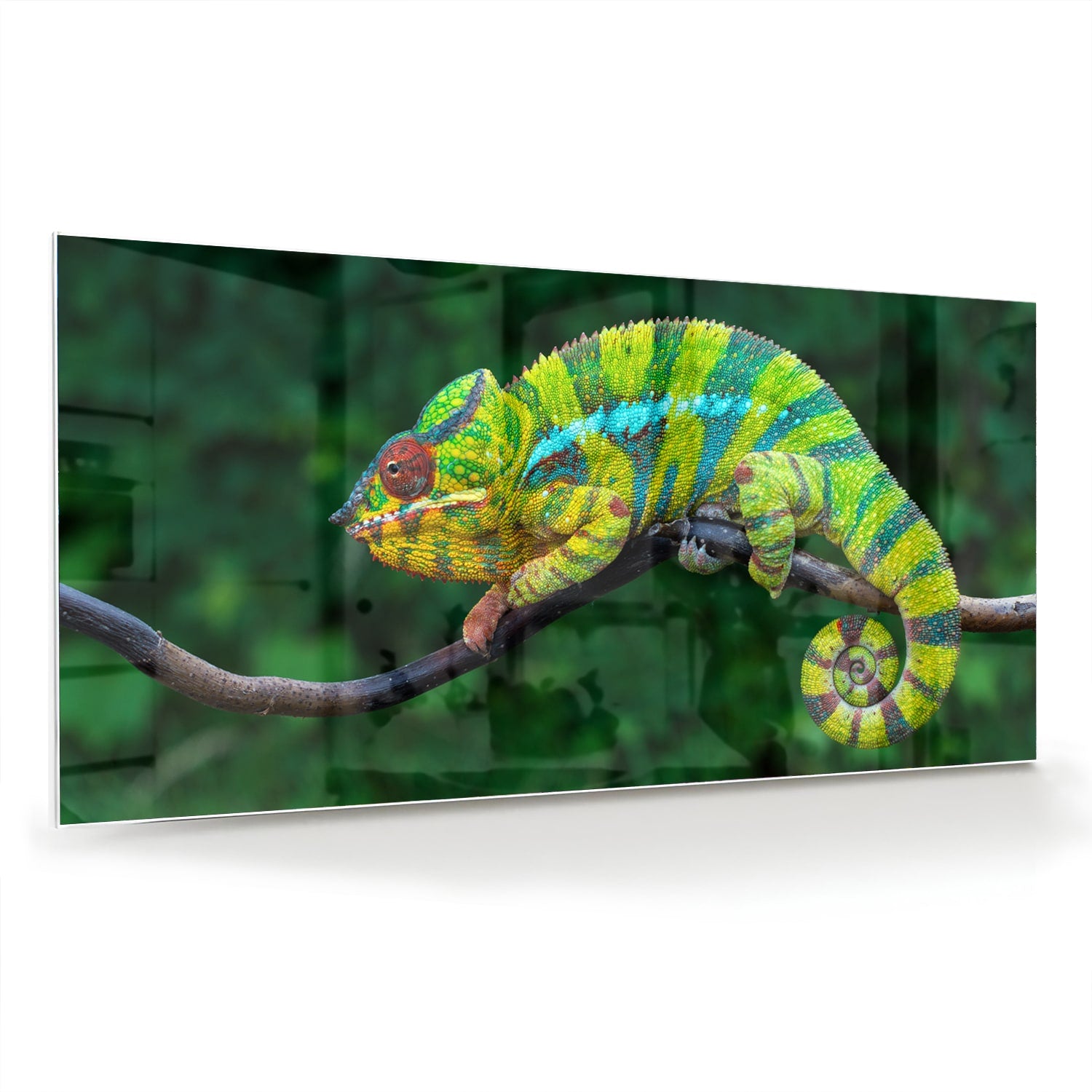 Glas schilderij van een kleurrijke kameleon op een tak met groene achtergrond.