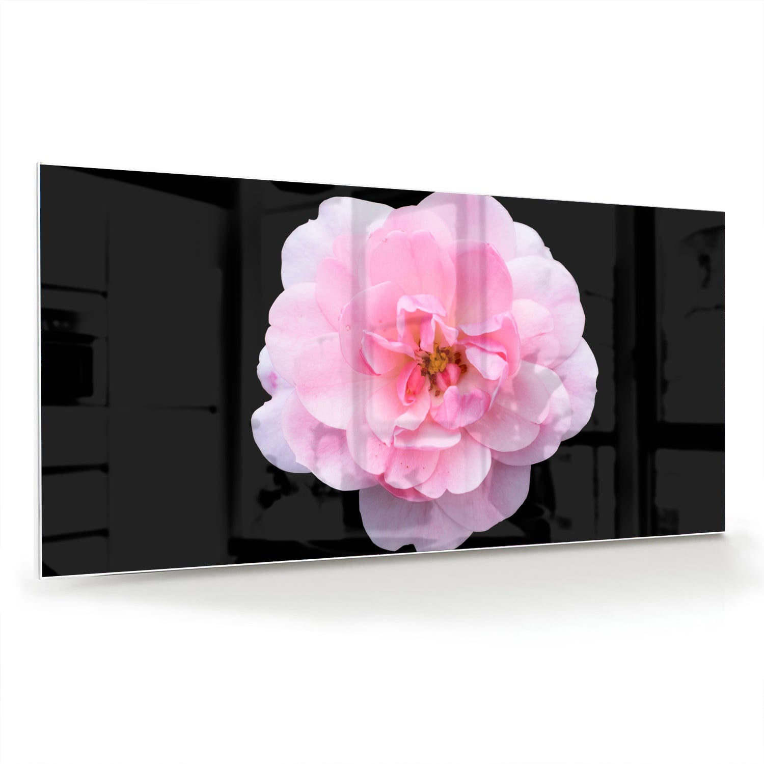 Glazen schilderij van een roze bloem op zwart glas, geschikt voor moderne interieurs.
