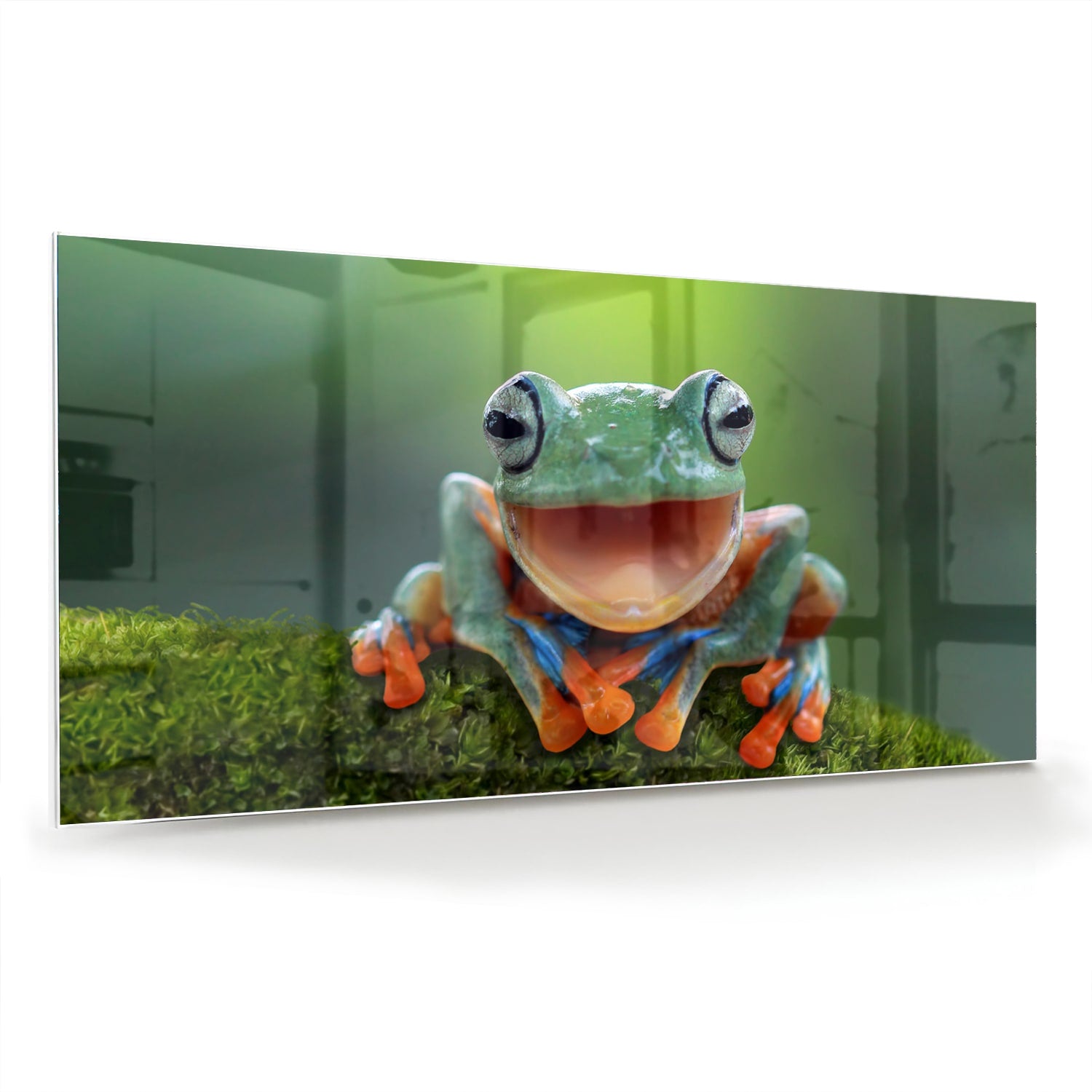 Glazen schilderij van een vrolijke boomkikker op een groene achtergrond