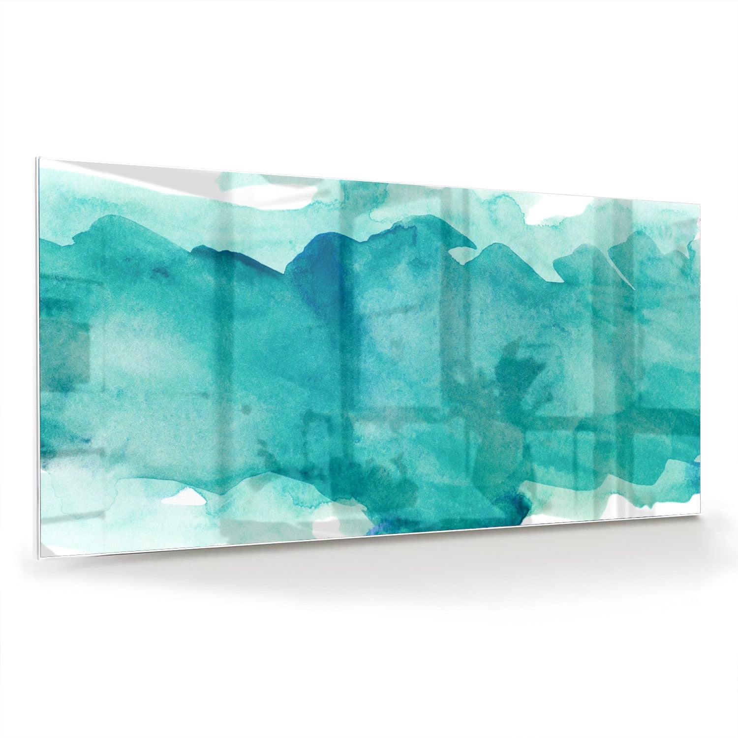 Abstract glazen schilderij met turquoise tinten, perfect voor moderne interieurs.