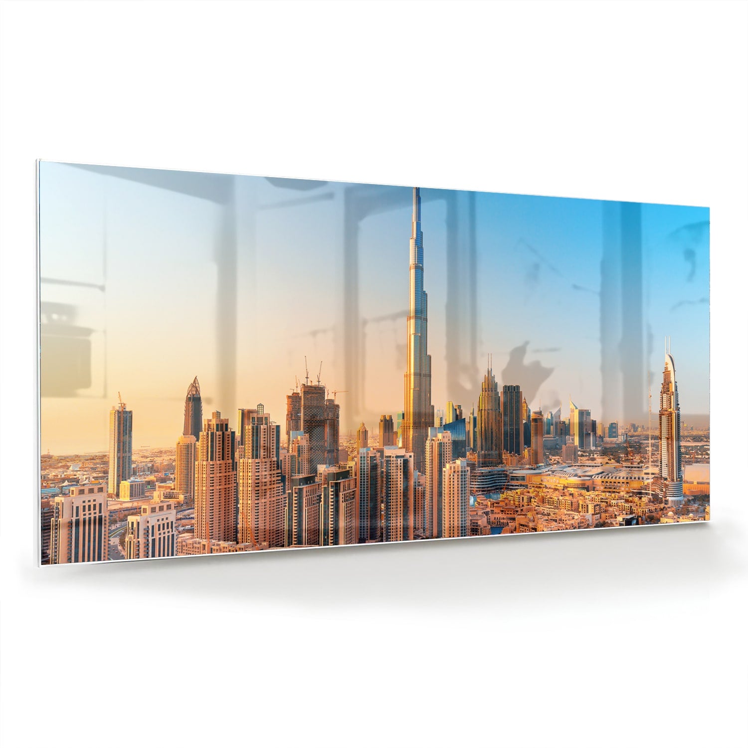 Glazen schilderij van de skyline van Dubai met Burj Khalifa tijdens zonsondergang