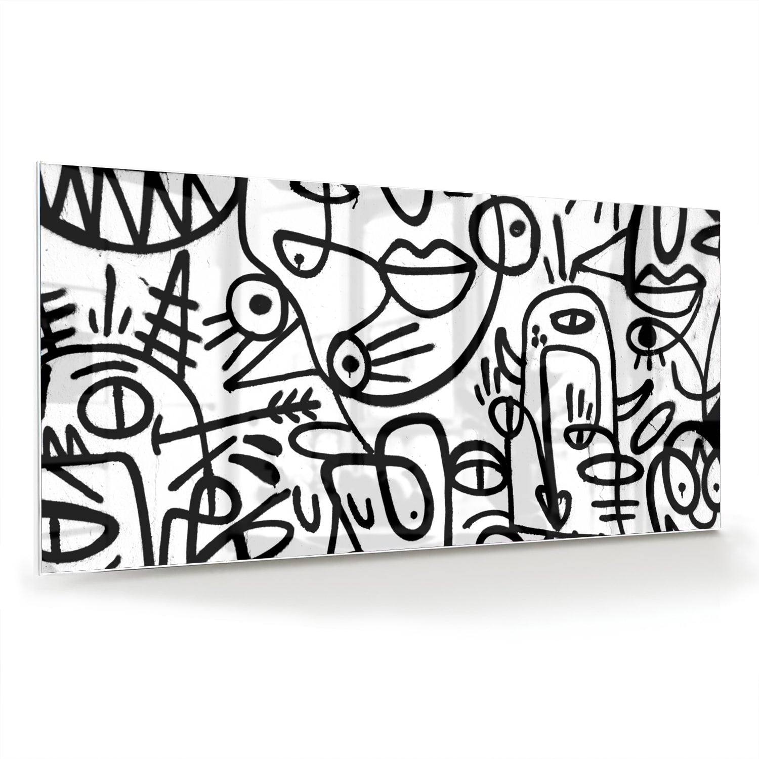 Abstract glazen schilderij in zwart-wit met vormen en lijnen