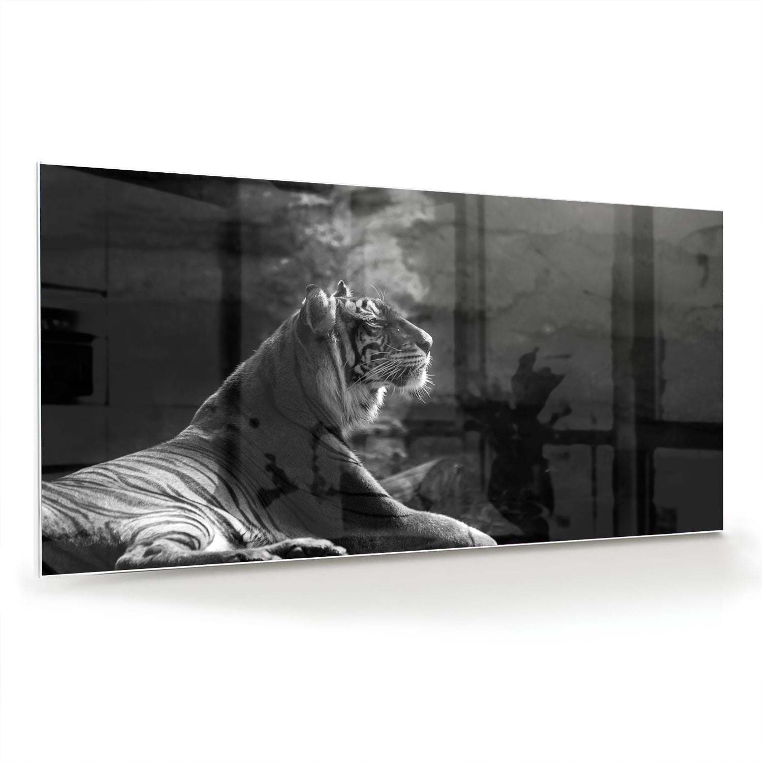 Glazen schilderij van een majestueuze tijger in zwart-wit